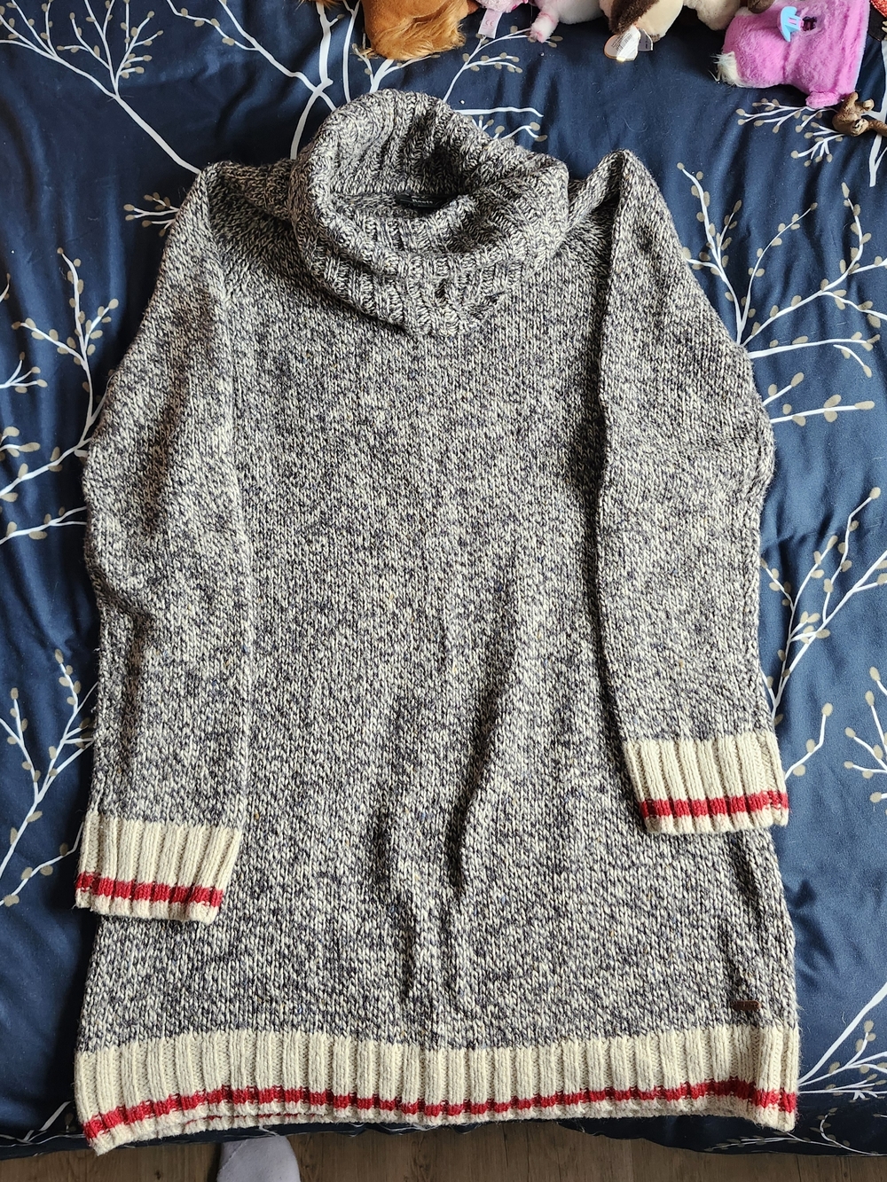 Roots Marled Gray Cowlneck Sweater Dress with Cream & Red Trim